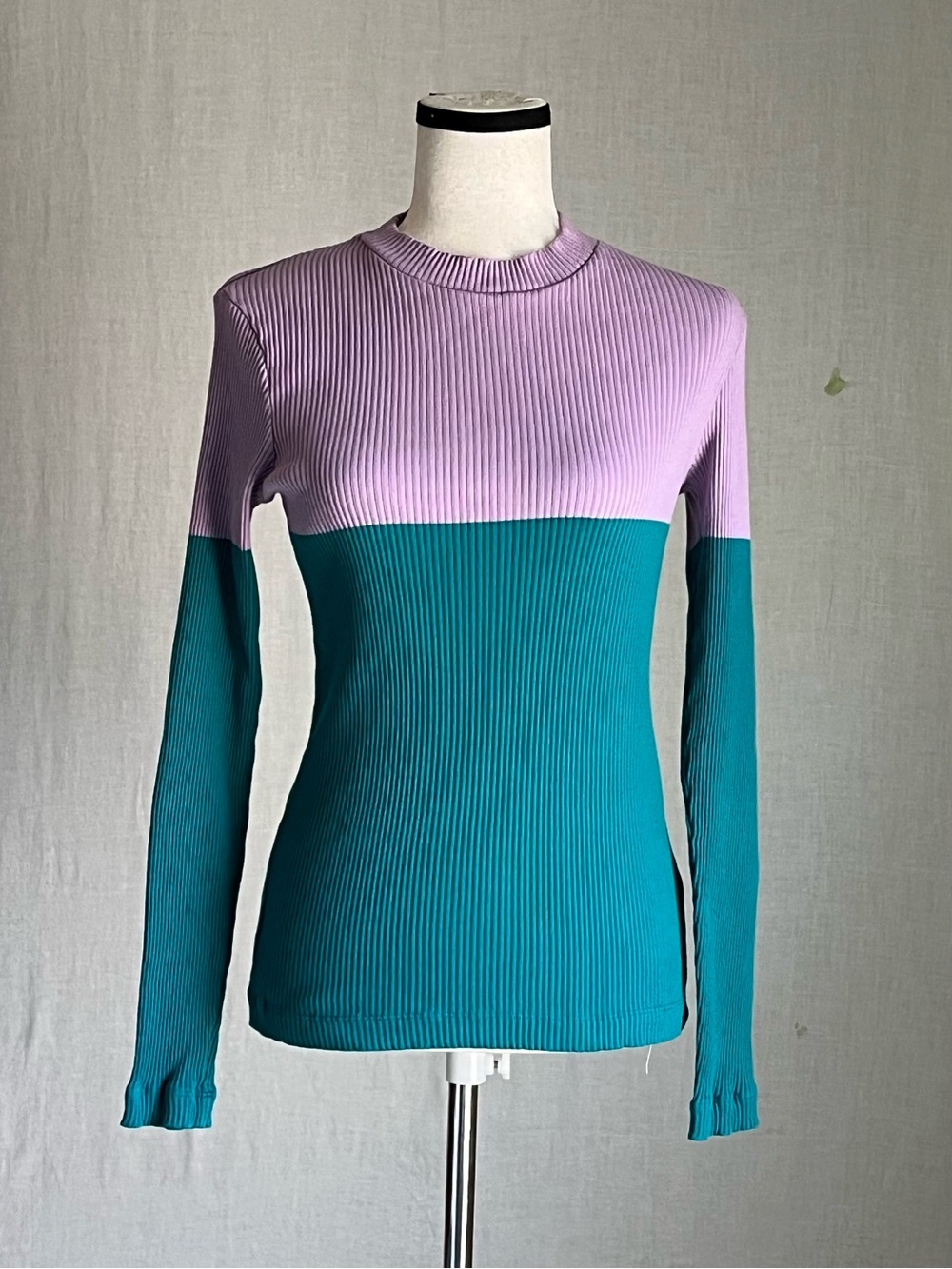 COS - Rib Knit Long Sleeve Colorblock Top - Teal and Lavender - Medium